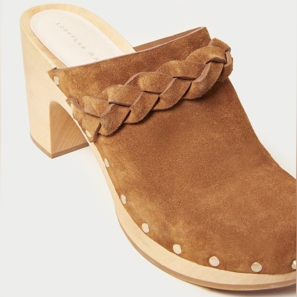 Loeffer Randall Cacao Suede Merrill Wooden Heeled Boho Braid Clogs Size 8.5 - Picture 2 of 16
